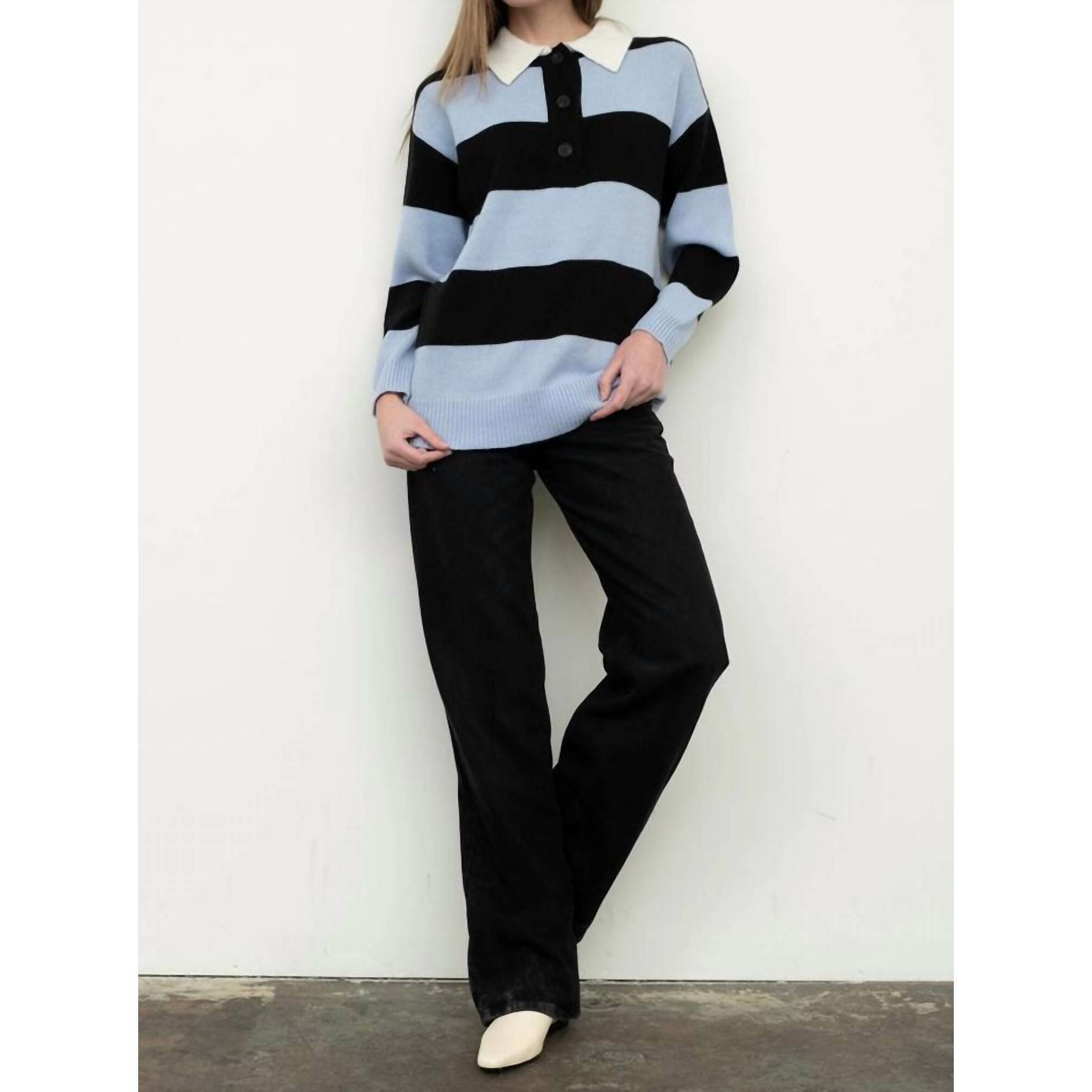New Moon River Tori Polo Sweater In Light Blue Multi